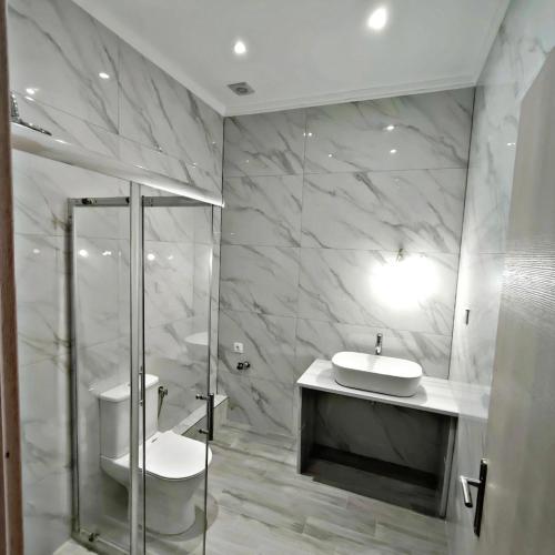 a bathroom with a toilet and a sink and a shower at Blue Horizon in Corfu