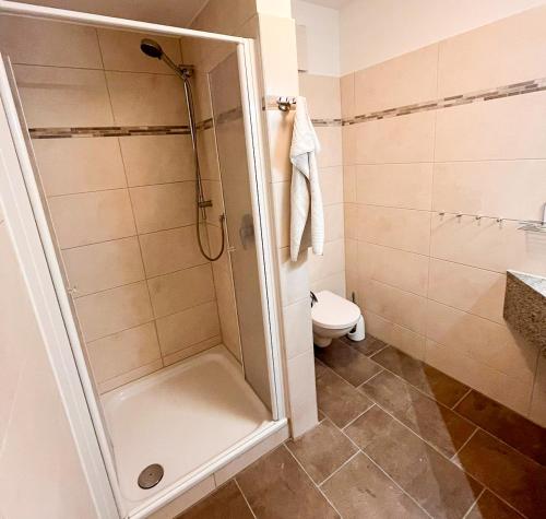 a bathroom with a shower and a toilet at Ostseewelle 5 in Kühlungsborn