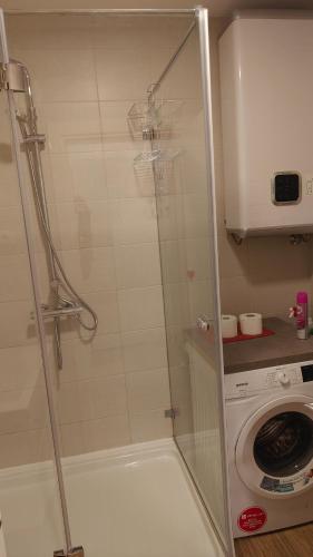 a shower stall with a washing machine in a bathroom at Your Home Montenegro in Dobra Voda