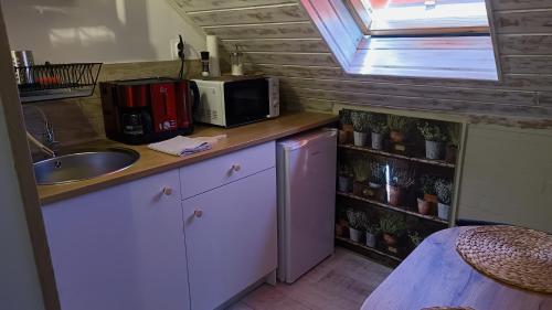 a small kitchen with a sink and a microwave at T.H.NY Village Inn Cottage in Tihany