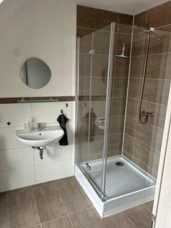 a bathroom with a shower and a sink at sehusa living in Seesen