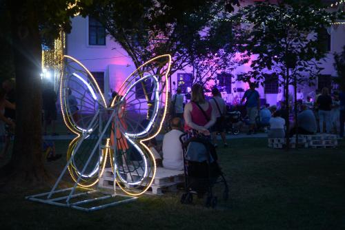 a light sculpture of a butterfly in a park at night at Studio apartment Old Town Castle in Samobor