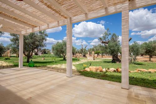 an empty patio with a view of a field and trees at Le Chiese Azienda Bio Agri Turistica in San Pietro in Lama