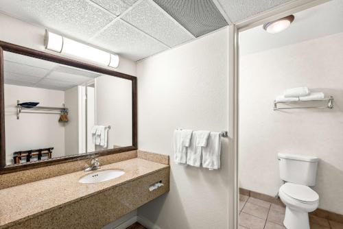a bathroom with a sink and a toilet and a mirror at Best Western Stagecoach Inn in Pollock Pines