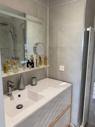une salle de bain avec un lavabo blanc et un miroir dans l'établissement 14471 Location meublée 2 pièces, à Mandelieu-la-Napoule