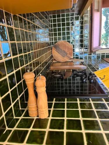 une cuisine avec du carrelage vert au sol et deux vases dans l'établissement Villa spacieuse à Agde avec piscine privée, idéale pour familles, au Cap d'Agde