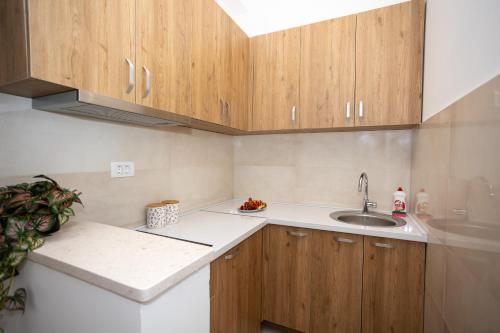 a small kitchen with wooden cabinets and a sink at Apartmani Milos - Meljine in Herceg-Novi