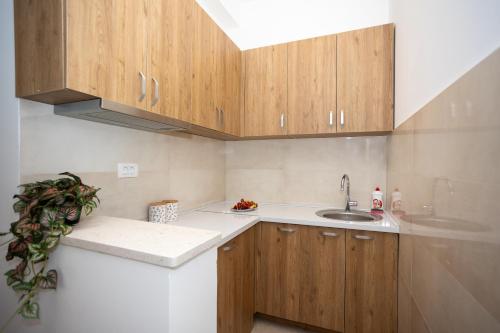 a small kitchen with wooden cabinets and a sink at Apartmani Milos - Meljine in Herceg-Novi
