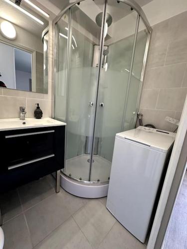 une salle de bain avec douche et lavabo dans l'établissement Studio cabine en étage, front de mer, à Fréjus