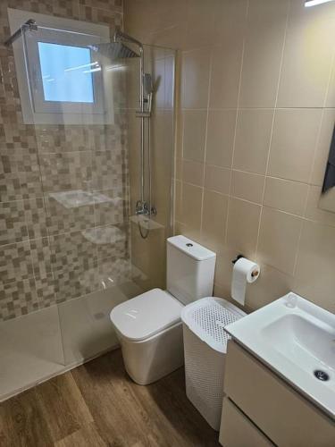 a bathroom with a shower and a toilet and a sink at La Cañada in Partida de La Cañada