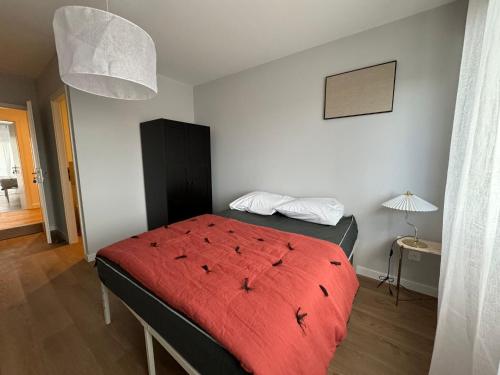 une chambre avec un lit avec une couverture rouge dans l'établissement M73 Marquer joli studio centre ville d'Annemasse, à Annemasse