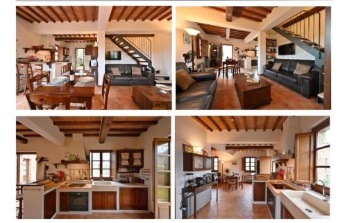 3 immagini di un soggiorno e di una cucina di House in Tuscany - Casa La Scala a Gaiole in Chianti