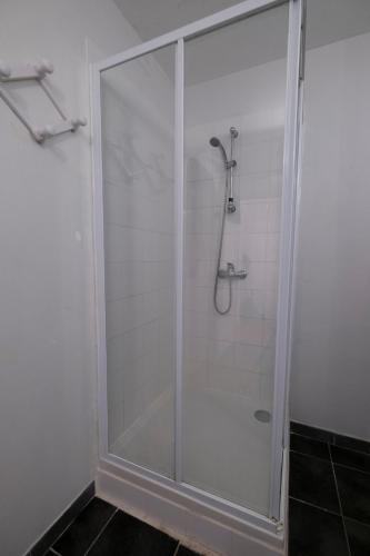 une douche avec une porte vitrée dans une salle de bain dans l'établissement Appartement spacieux vieux Nice, à Nice
