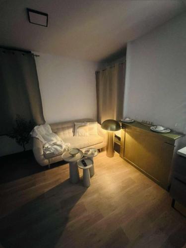 a living room with a couch and a table at Loft ravissant 45m2 Jacuzzi RVB NIGHT 2 in Amiens