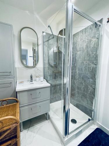 une salle de bain avec douche et lavabo dans l'établissement 3 Pieces Convention Avec Piscine, à Paris