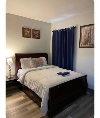 a bedroom with a bed with blue curtains at Cozy Room in Newark