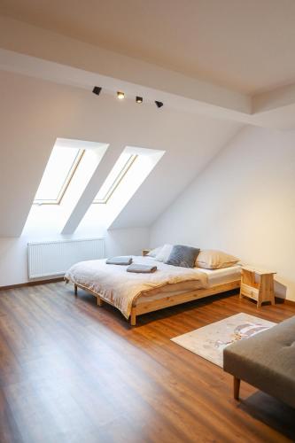ヤーヒモフにあるApartmán 39 - Baby friendly - Rezidence K Lanovceのベッドルーム1室(天窓、ベッド1台付)