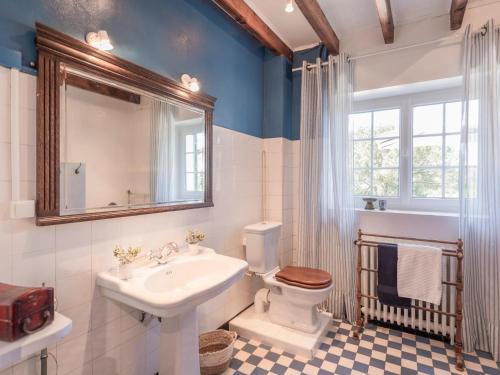 une salle de bain avec un lavabo, des toilettes et un miroir dans l'établissement Vigne Grande, à Puy-lʼÉvêque
