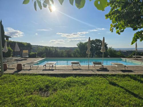 a swimming pool with benches and umbrellas at Villetta Pia in Contignano