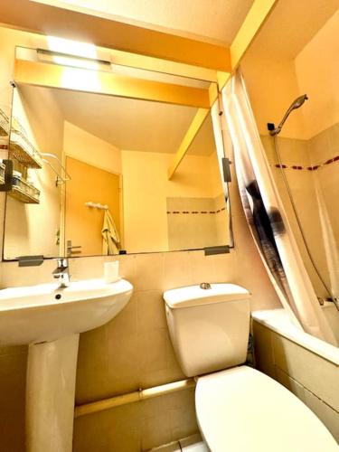 une salle de bain avec un lavabo, des toilettes et un miroir dans l'établissement Le Grand Large, à Collioure