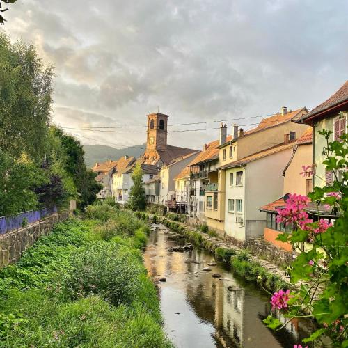 a river in a town with a clock tower at Hostellerie Alsacienne de Masevaux in Masevaux