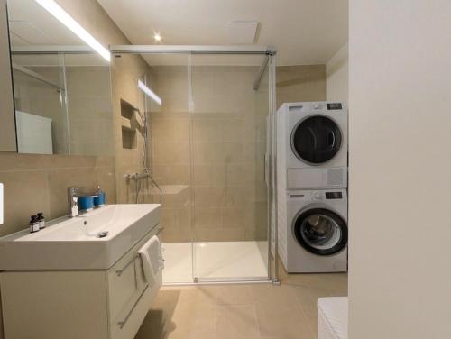 a bathroom with a sink and a washing machine at Bright and Airy 1-Bedroom Flats in Neuchâtel City Center! RDM2 in Neuchâtel