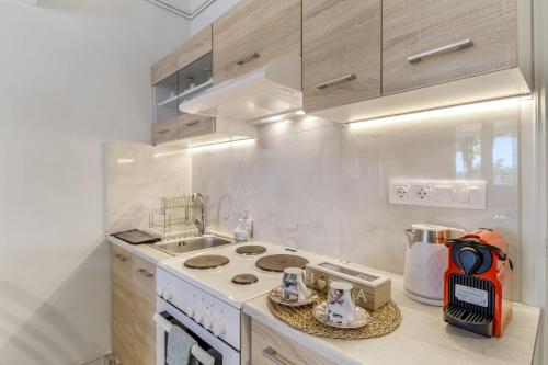 a kitchen with a stove top oven next to a sink at Elia Perigiali Lefkada in Nydri