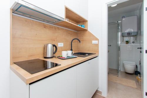 萨拉热窝Apartman Bene的带水槽和马桶的小厨房