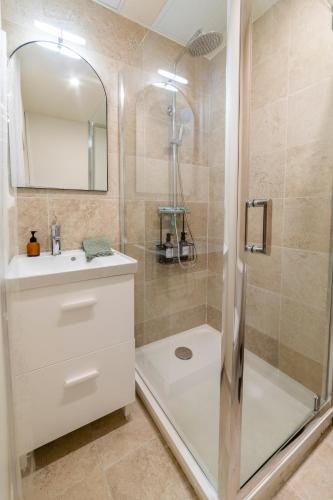 une salle de bain avec une douche, un lavabo et un miroir dans l'établissement Le Belvédère Nîmois proche centre ville Clim &Véranda MaisonCarréeConciergerie, à Nîmes