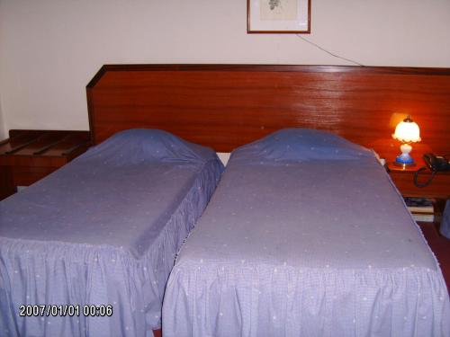 a bed with purple sheets and a wooden head board at Olhos Pretos in Caldas da Rainha
