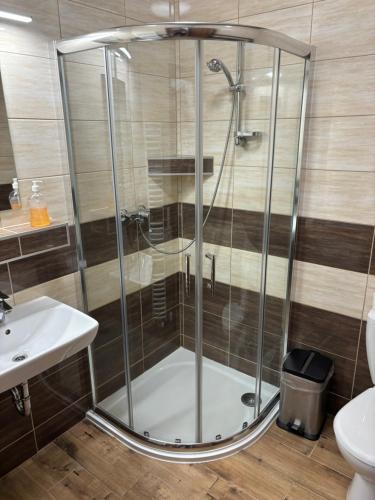a shower with a glass door in a bathroom at Penzion Český Dvůr in Starý Plzenec