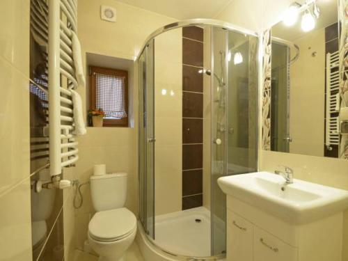 a bathroom with a toilet and a sink and a shower at Domek z Góralską Duszą Śleboda in Jurgów