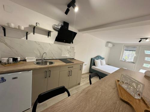 a kitchen with a sink and a table in a room at Julia Apartments in Ohrid