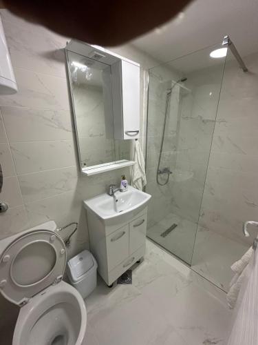 a bathroom with a toilet and a sink and a shower at Julia Apartments in Ohrid