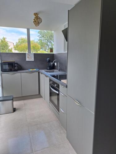 une cuisine avec un évier et une cuisinière four supérieur dans l'établissement Mimilou Agathines, au Cap d'Agde