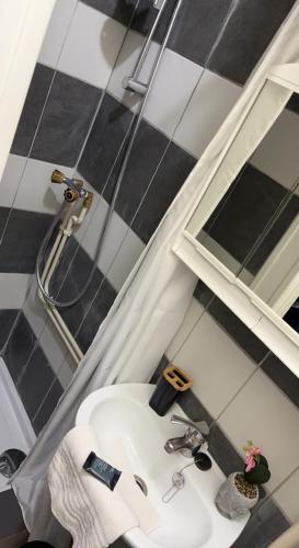 une salle de bain avec un lavabo blanc et un miroir dans l'établissement Petit appart, à Dunkerque