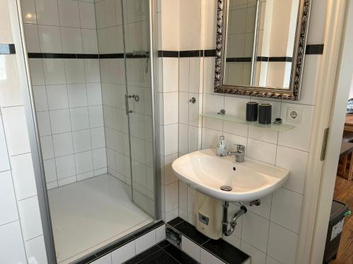 a bathroom with a sink and a shower at Hamburg City Hostel in Hamburg