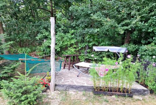 a garden with a picnic table and a bench at Małopolskie Swojskie in Olszyny