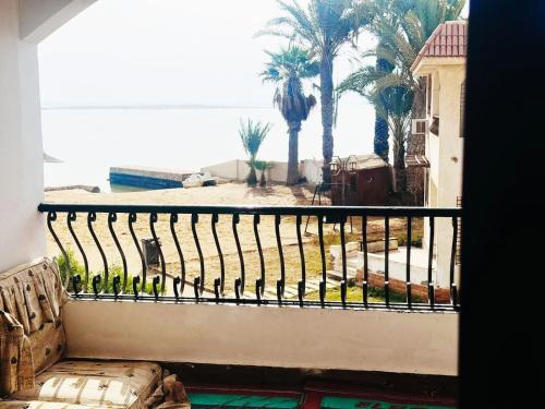 a balcony with a view of a pool and palm trees at قرية منيه فايد in ‘Ezbet Hasan Sallâm