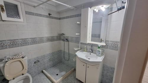 a bathroom with a shower and a toilet and a sink at 35m2 apt close to beach in Lygia
