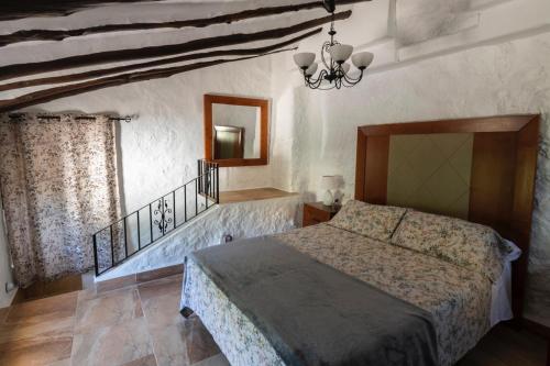 a bedroom with a bed and a chandelier at EL BATAN Hotel & Spa in Castillo de Locubín