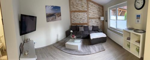 a living room with a couch and a tv at Ferienhaus Am Trollmönch in Goslar