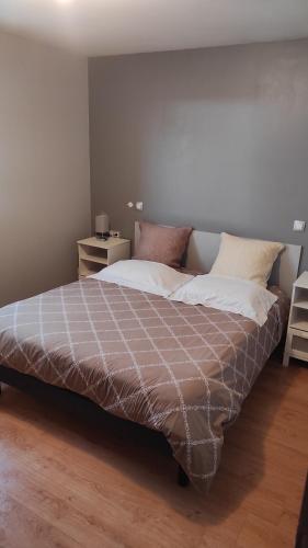 une chambre avec un grand lit avec deux oreillers dans l'établissement Appartement 4 couchages - Centre ville St Donat sur l'Herbasse, à Saint-Donat-sur-lʼHerbasse
