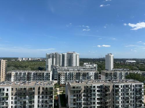 an aerial view of a city with tall buildings at Apartament Relax in Gdańsk