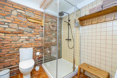 a bathroom with a toilet and a glass shower at Dobilyne Homestead in Gražiškiai