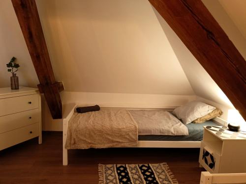 a bedroom with a bed in the attic at Lemuria Pokoje Hostel Chojnowska A in Legnica