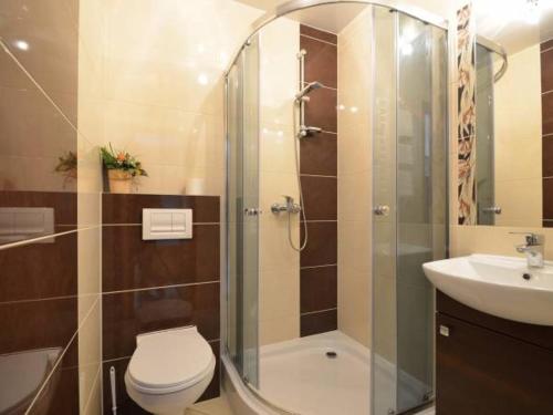 a bathroom with a shower and a toilet and a sink at Domek z Góralską Duszą Śleboda in Jurgów