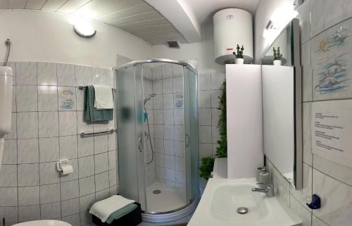 a bathroom with a shower and a sink at Apartments Stella in Piran