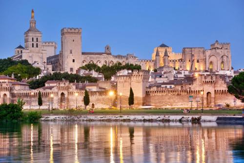 une vue d'un château depuis l'eau la nuit dans l'établissement Appartement charmant à Avignon, 40 m², proche du centre historique, à Avignon