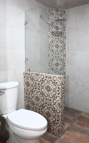 a bathroom with a toilet and a shower at Hotel Boutique Casa Téllez in Maboro